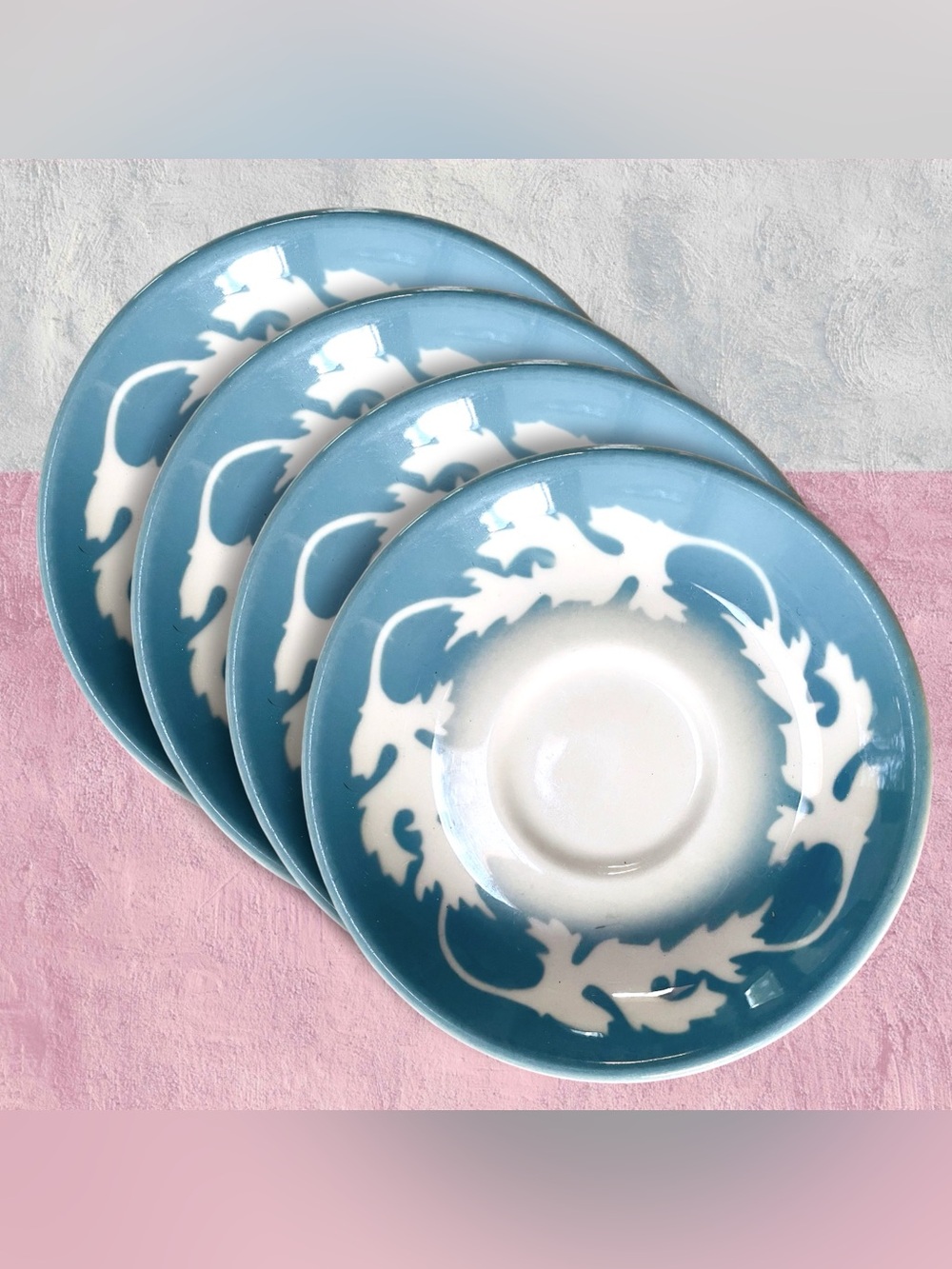 4 Oakleigh-Blue 1965 Restaurant Ware Saucers Only Turquoise Aqua Airbrush Design
